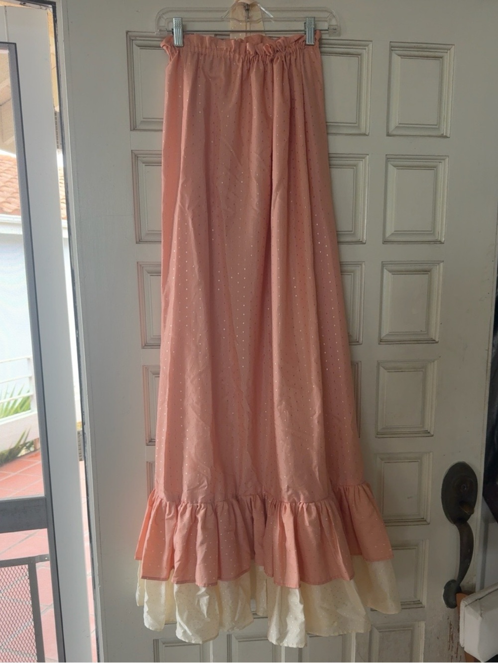 Handmade Strapless Prairie Maxi Dress Pink Cream Ruffle Hem Cottagecore Boho - Picture 4 of 10